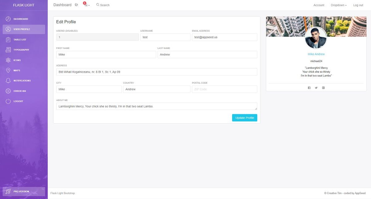 A simple, yet modern user page provided by Light Bootstrap Dashboard, an open-source template crafted by Creative-Tim.