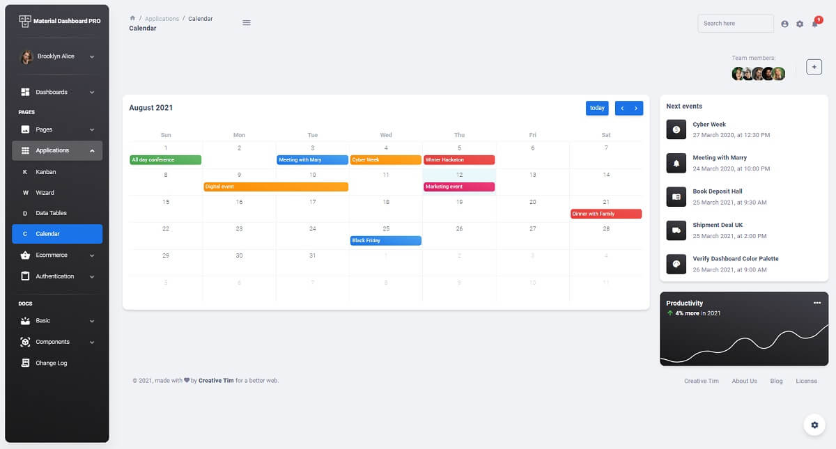 A beautiful calendar page provided by Material React 2, a premium starter from Creative-Tim. 