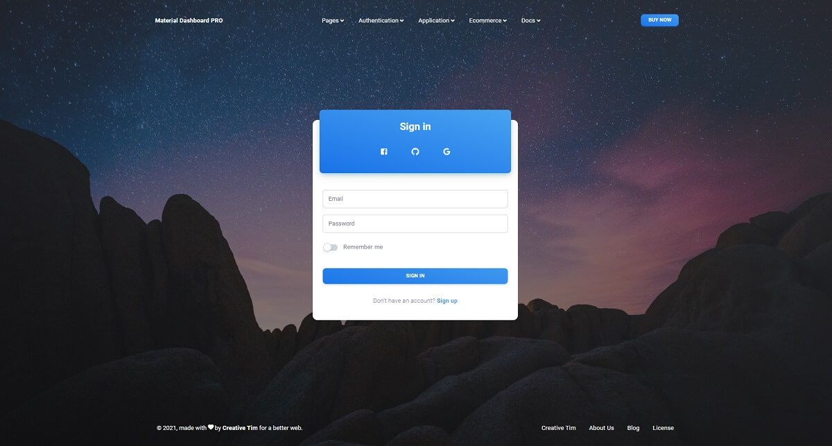 A modern sign page styled with Material-UI crafted by React Material Dashboard 2 (Creative-Tim). 