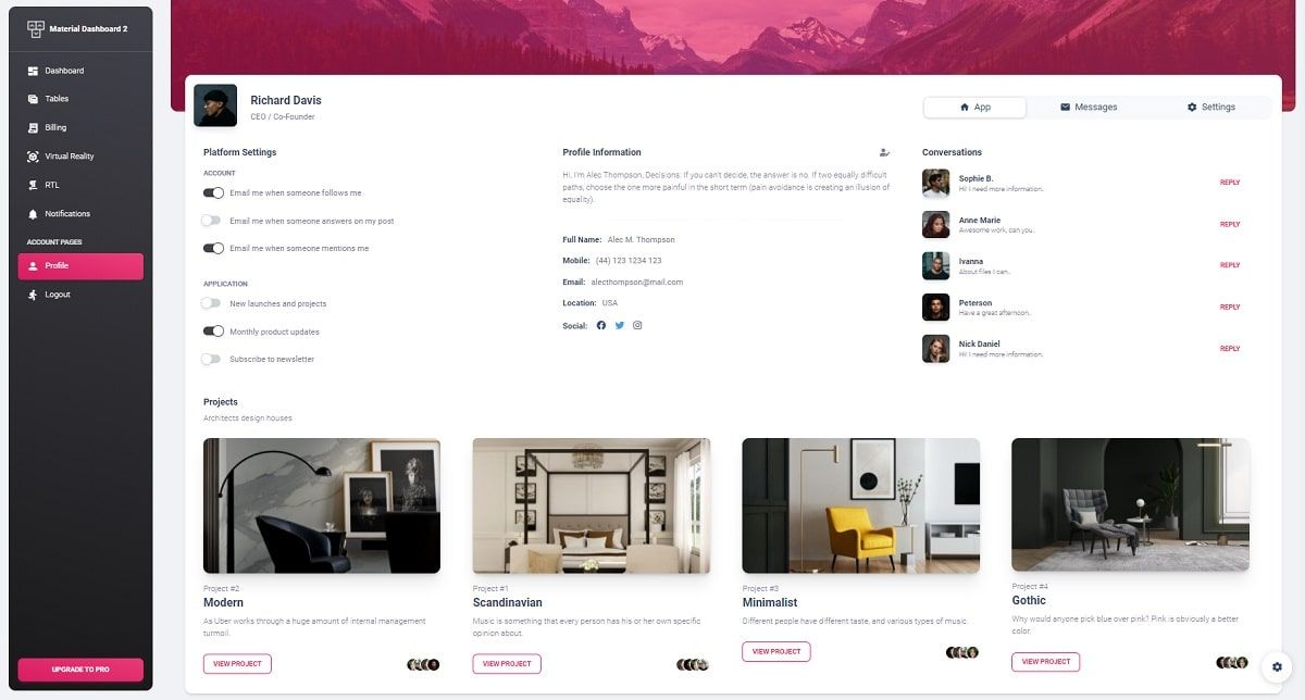 A modern user profile page with a left menu, blog cards and user avatars, all provided by Django Material Dashboard, an open-source seed project.