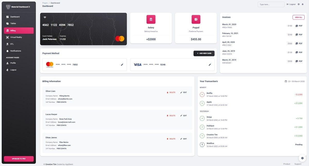 A modern billing page with a left menu, payment cards and widgets, all provided by Django Material Dashboard, an open-source seed project. 