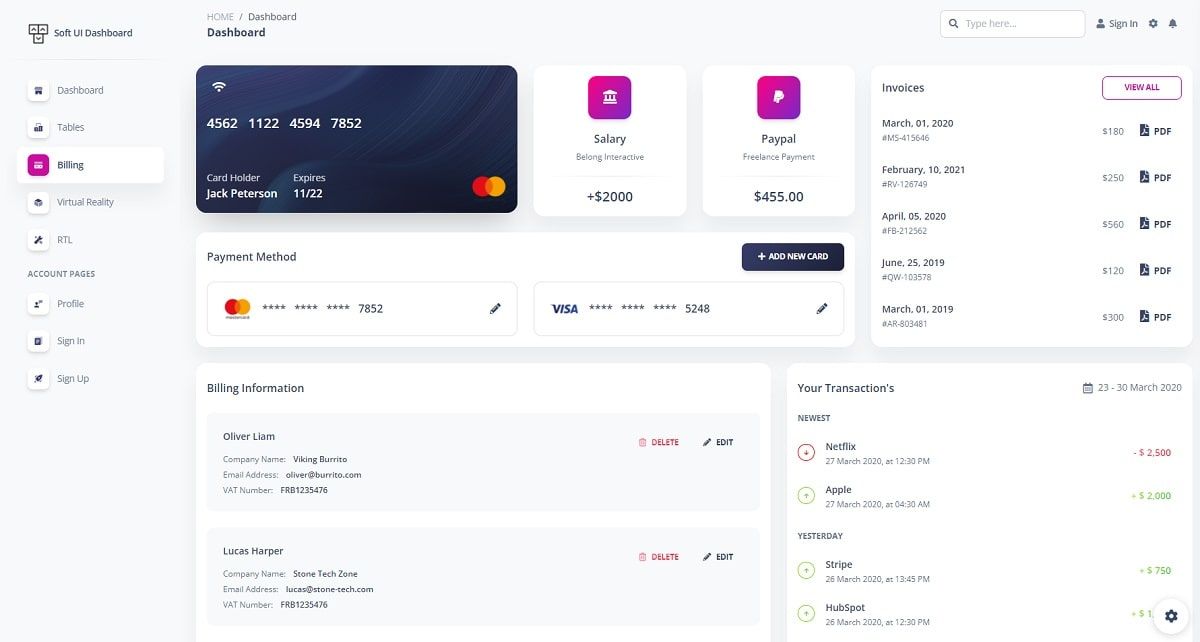 A biling page with payment and card widgets, all provided by Soft UI Dashboard, an open-source Django Starter.
