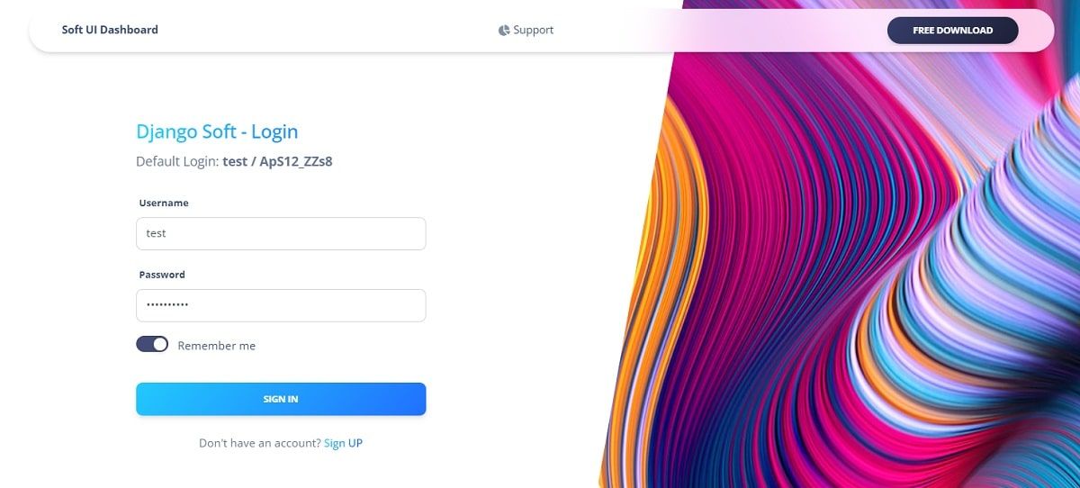 A login page with a form on the left and a colorful image on the right, all provided by Soft UI Dashboard, an open-source Django Starter.