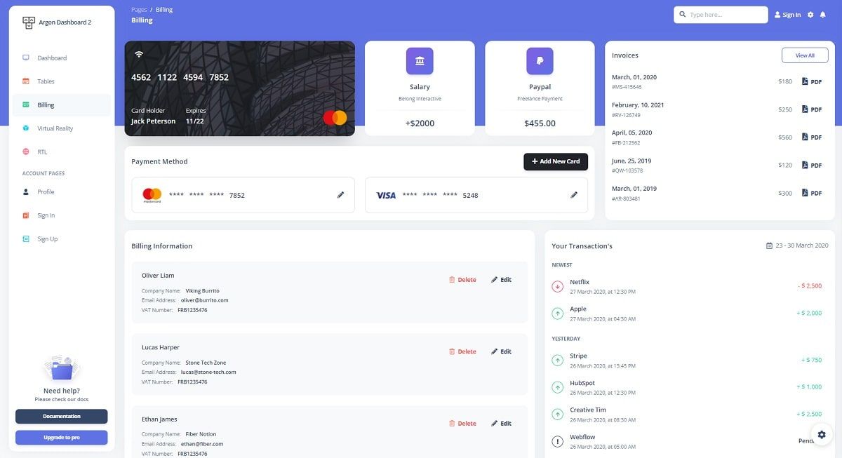 Argon Dashboard 2 - Billing page.