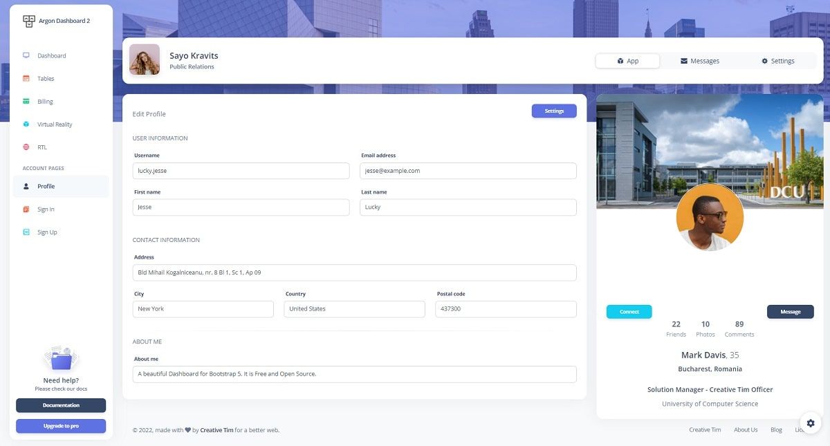 Argon Dashboard 2 - User Profile Page.
