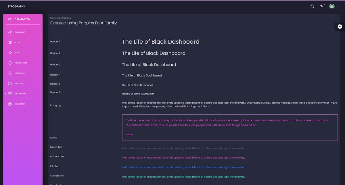 Black Dashboard - Typography Page.