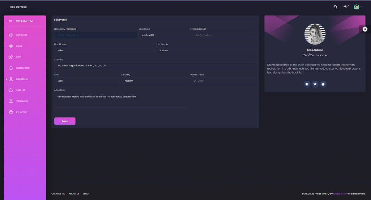 Black Dashboard - User Profile Page.