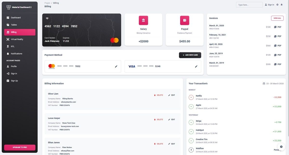 Material Dashboard 2 - Billing Page.
