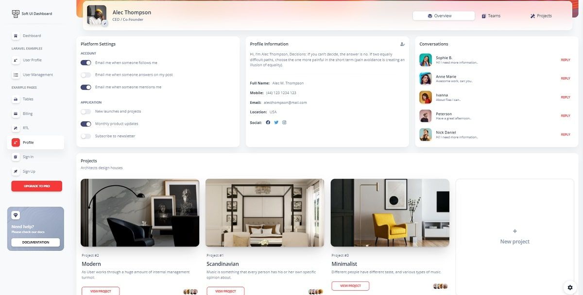 Laravel Dashboard Soft UI - Profile Page.