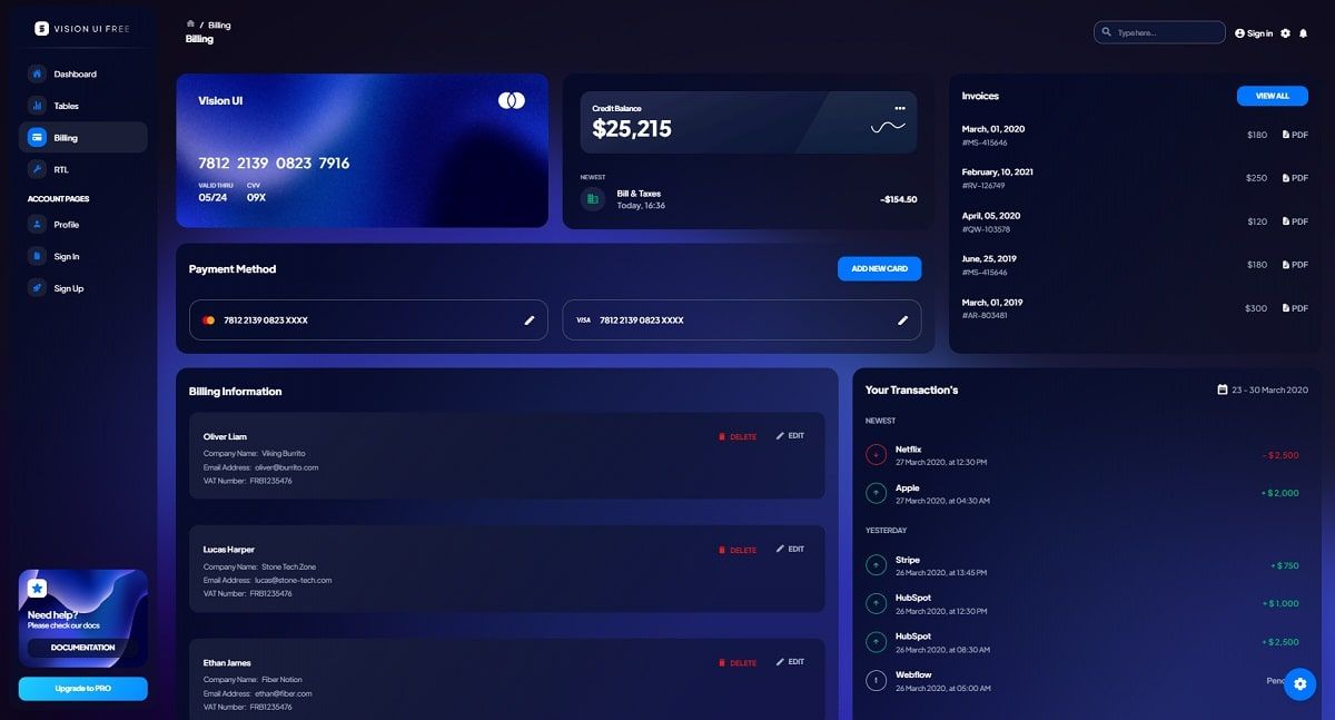 Vision UI Dashboard React - Billing Page.