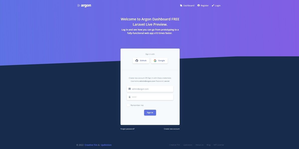 Laravel Argon Dashboard - Sign IN Page.