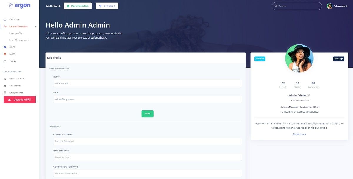 Laravel Argon Dashboard - User Profile Page.