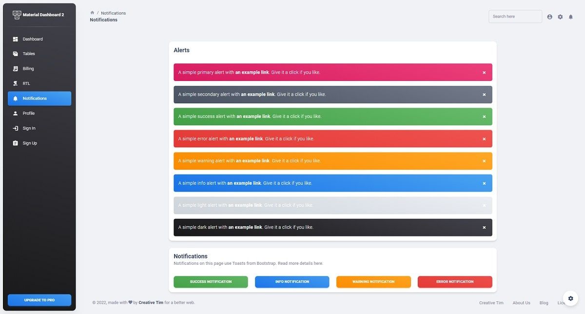 Material Dashboard 2 React - Alerts Page.