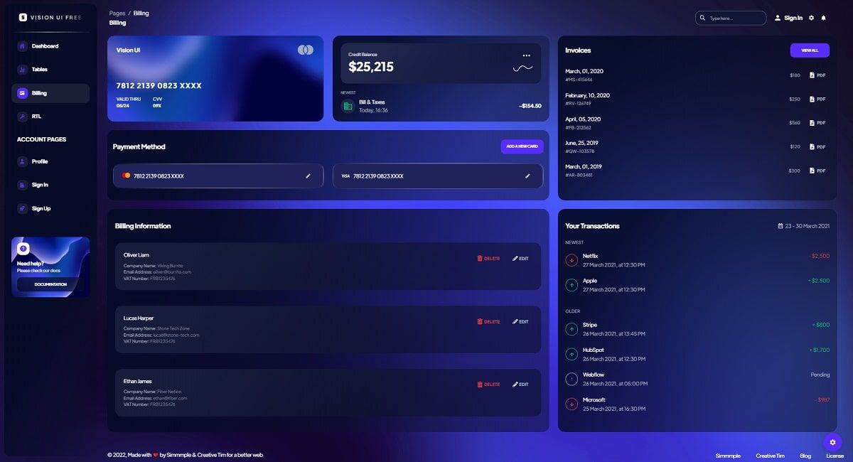 Vision UI Dashboard Chakra - Billing Page.