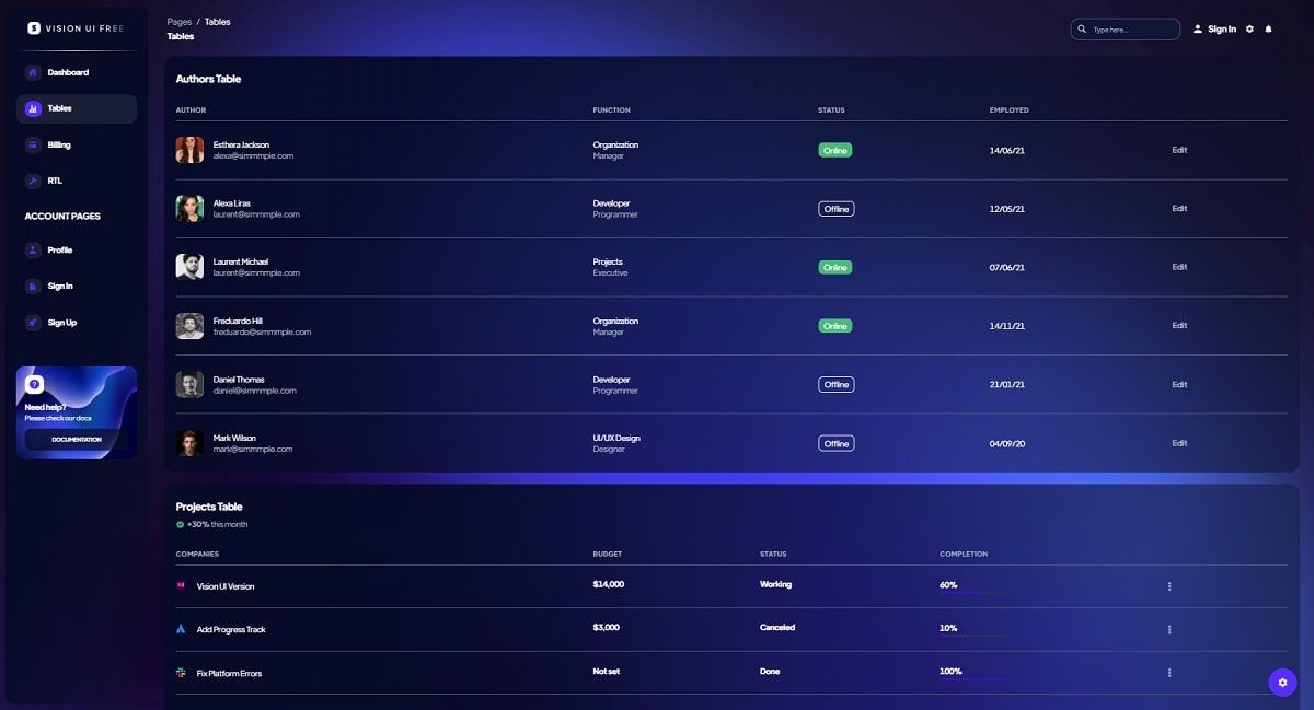 Vision UI Dashboard Chakra - Data Tables Page.