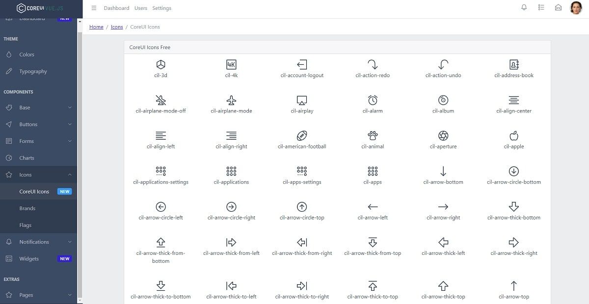 CoreUI Vue (open-source template) - Icons.