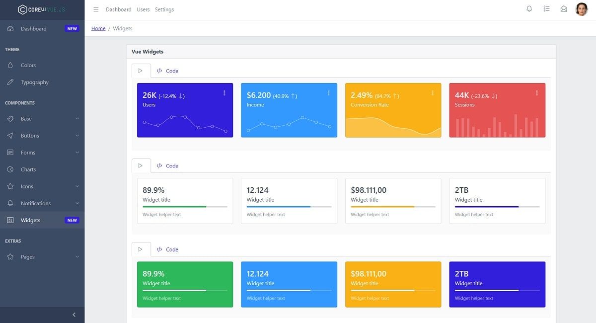CoreUI Vue (open-source template) - Widgets