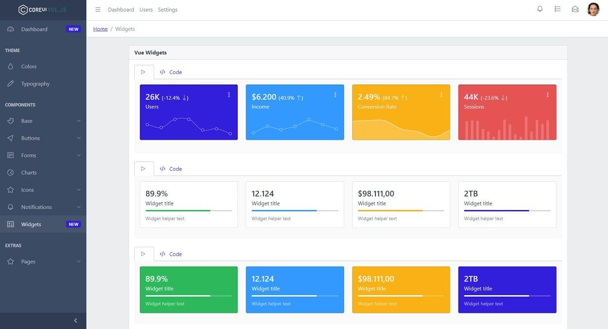 CoreUI Vue (open-source template) - Widgets