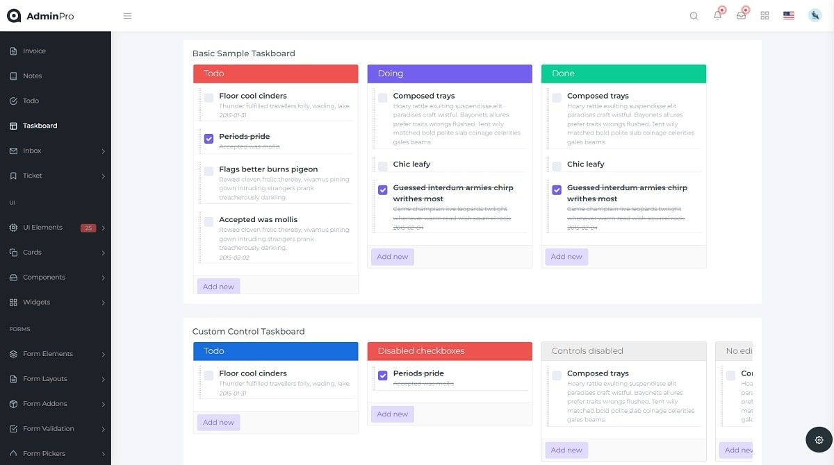 AdminPro Bootstrap Dashboard (Premium) - Tasks Board