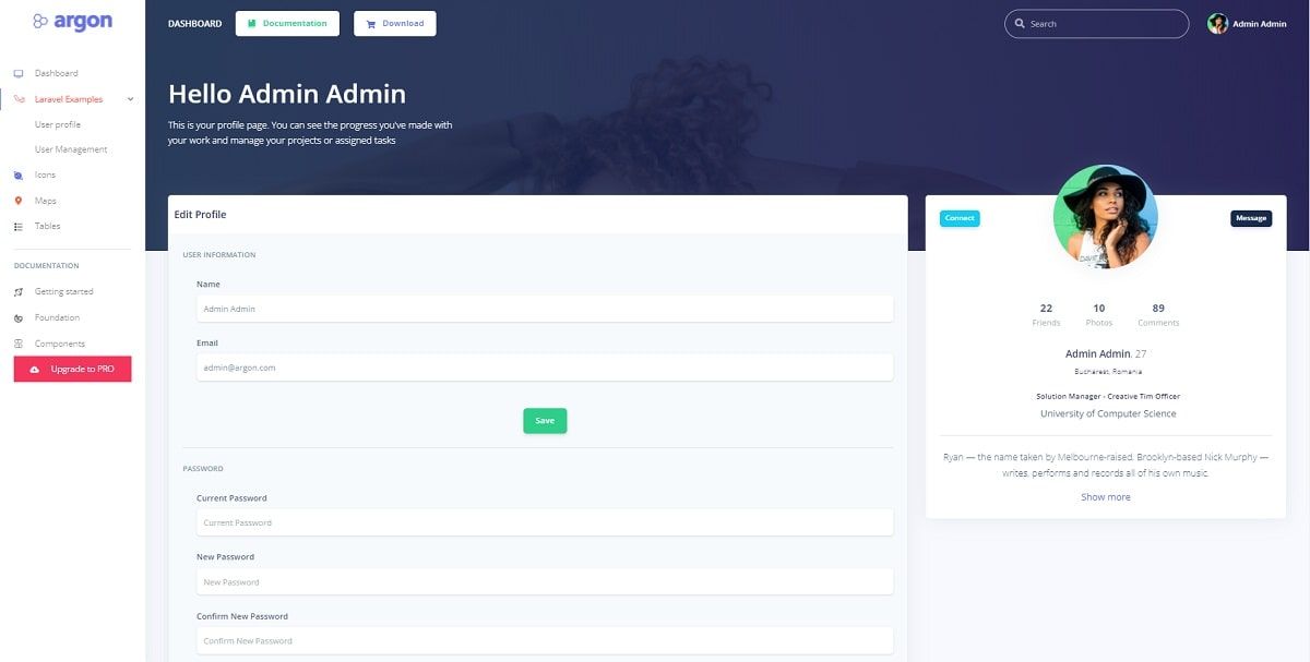 Argon Dashboard Laravel - Profile Page.