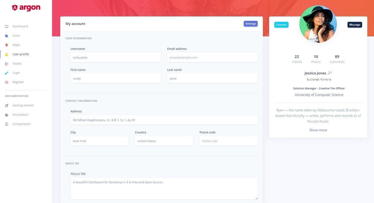 Argon Dashboard Angular - User Profile Page.