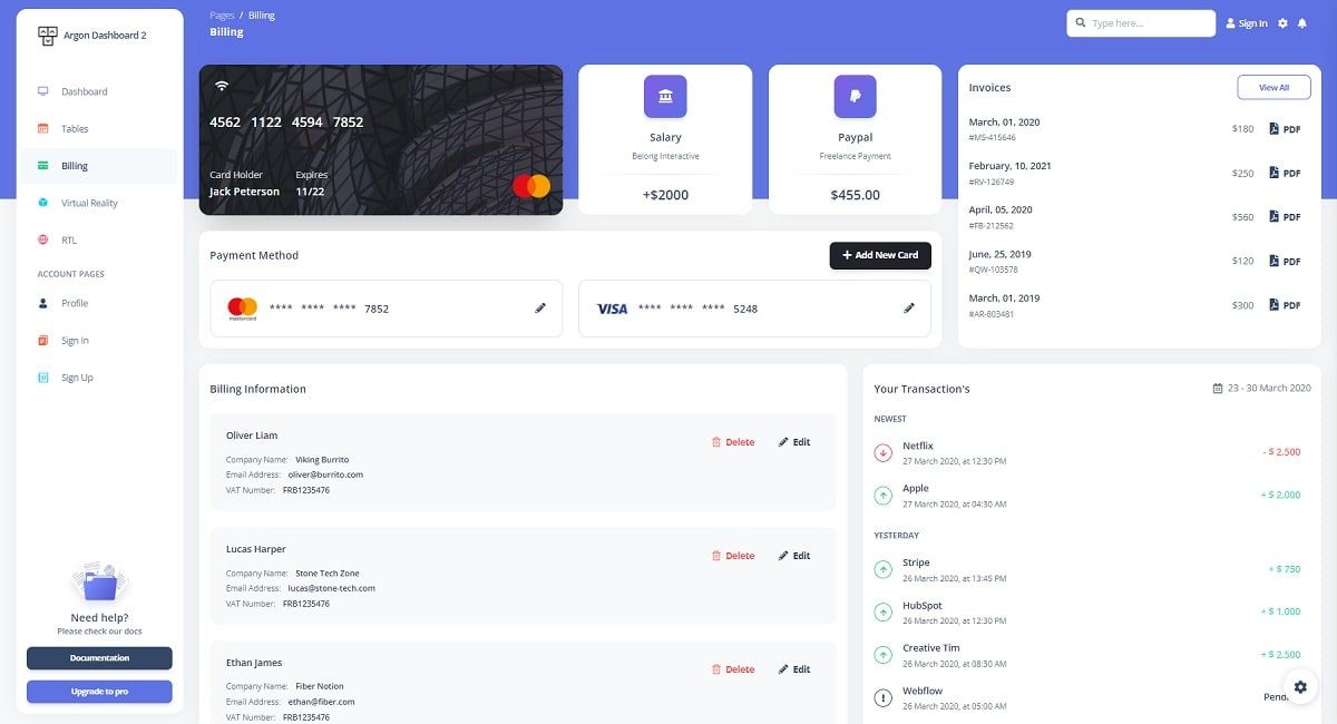Argon Dashboard 2 (Free Bootstrap 5 Template) - Billing Page.