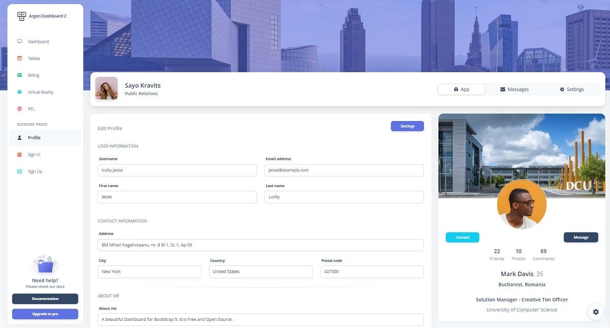 Argon Dashboard 2 (Free Bootstrap 5 Template) - Profile Page