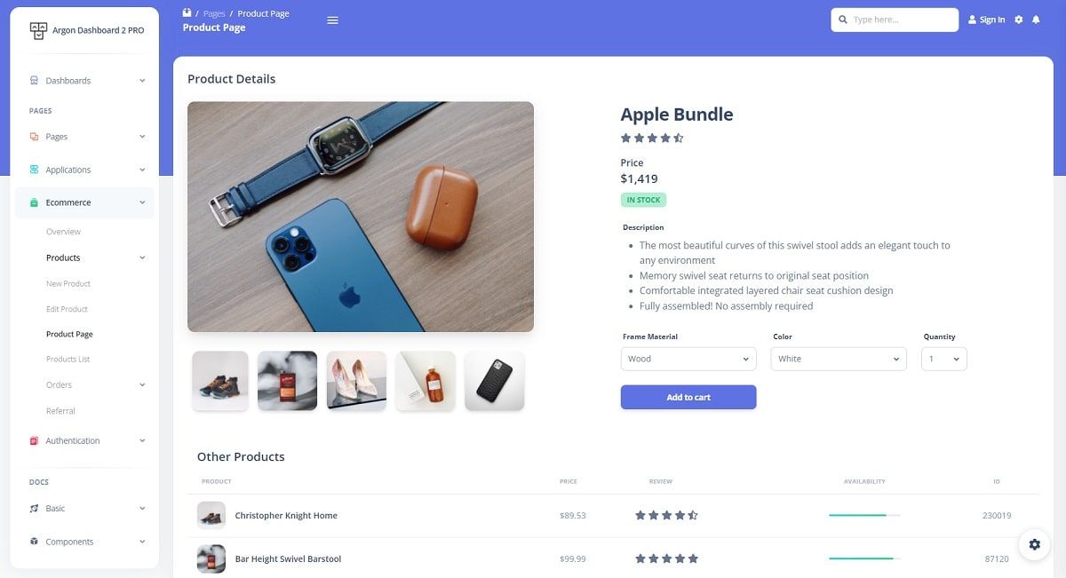 Argon Dashboard 2 PRO (Bootstrap 5 Design) - eCommerce Page.