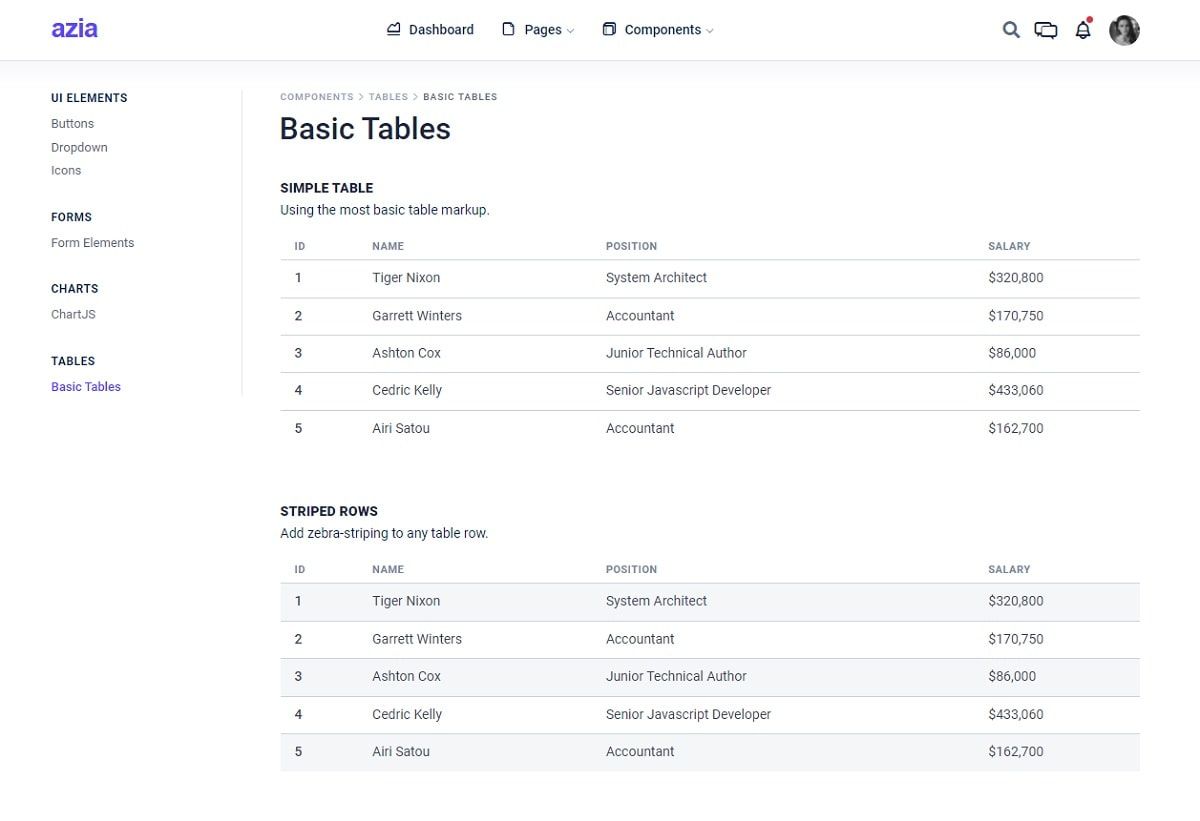Azia Admin Angular (open-source) - UI Tables