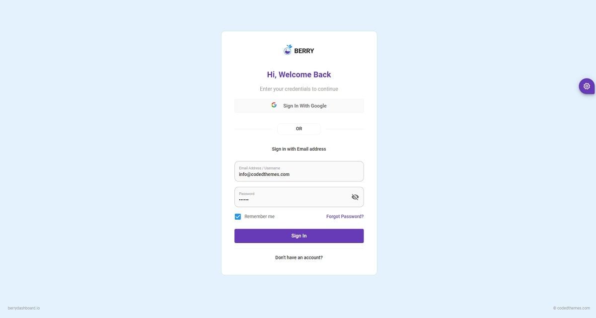 Berry React Dashboard (open-source) - Login Page