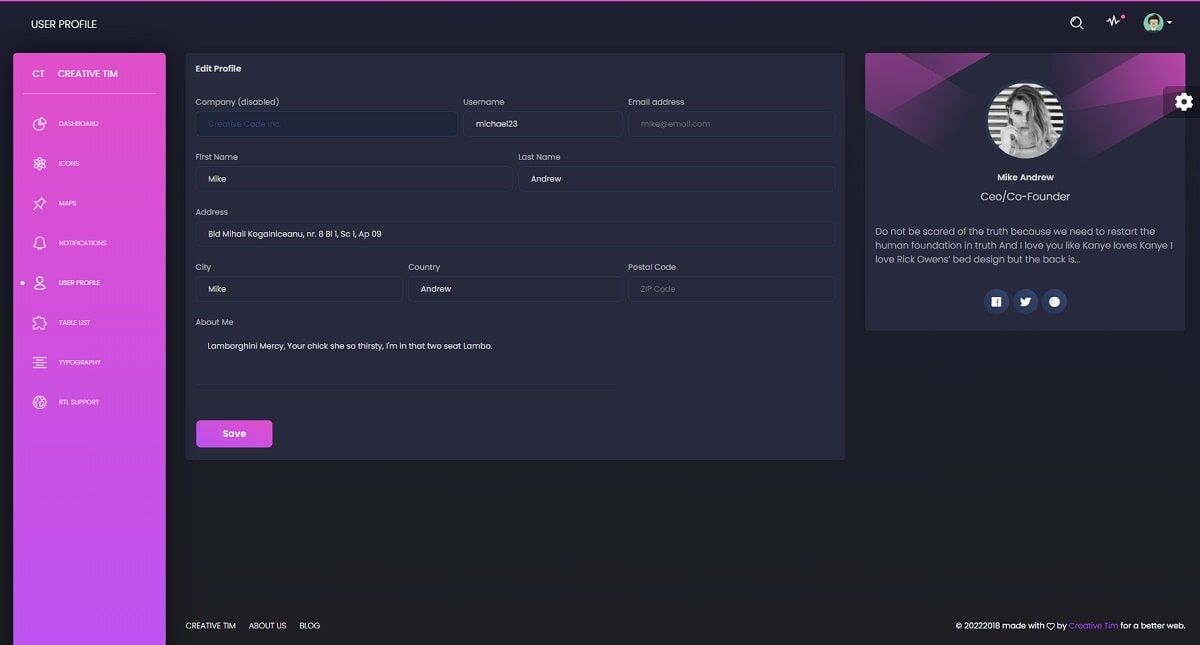 Black Dashboard (Open-Source) - User Profile Page.