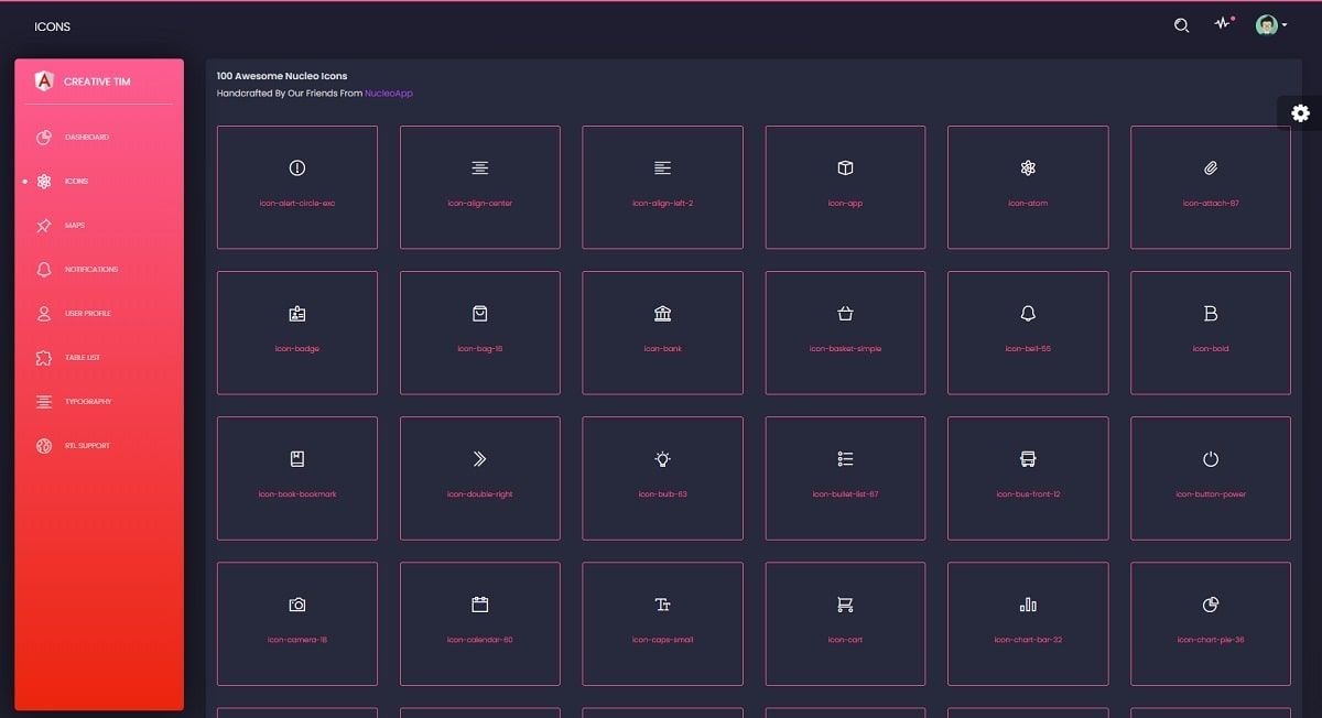 Black Dashboard Angular - UI Icons Page.