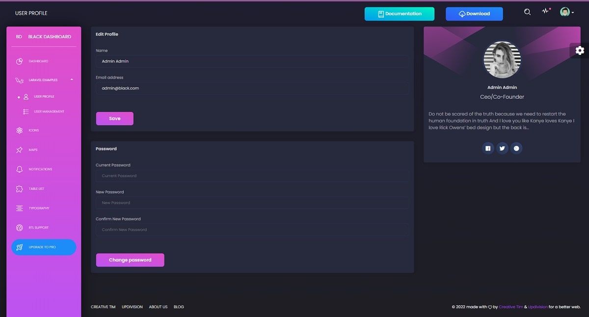 Black Dashboard Laravel (Open-Source) - User Profile Page