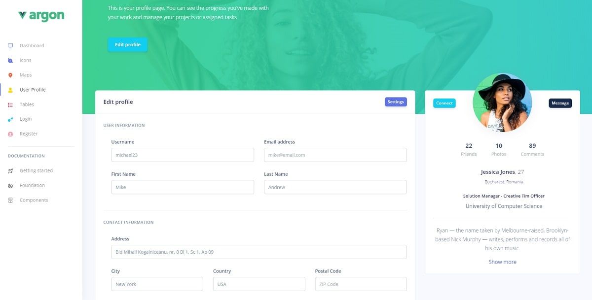 BootstrapVue Argon Dashboard (Open-Source) - User Profile
