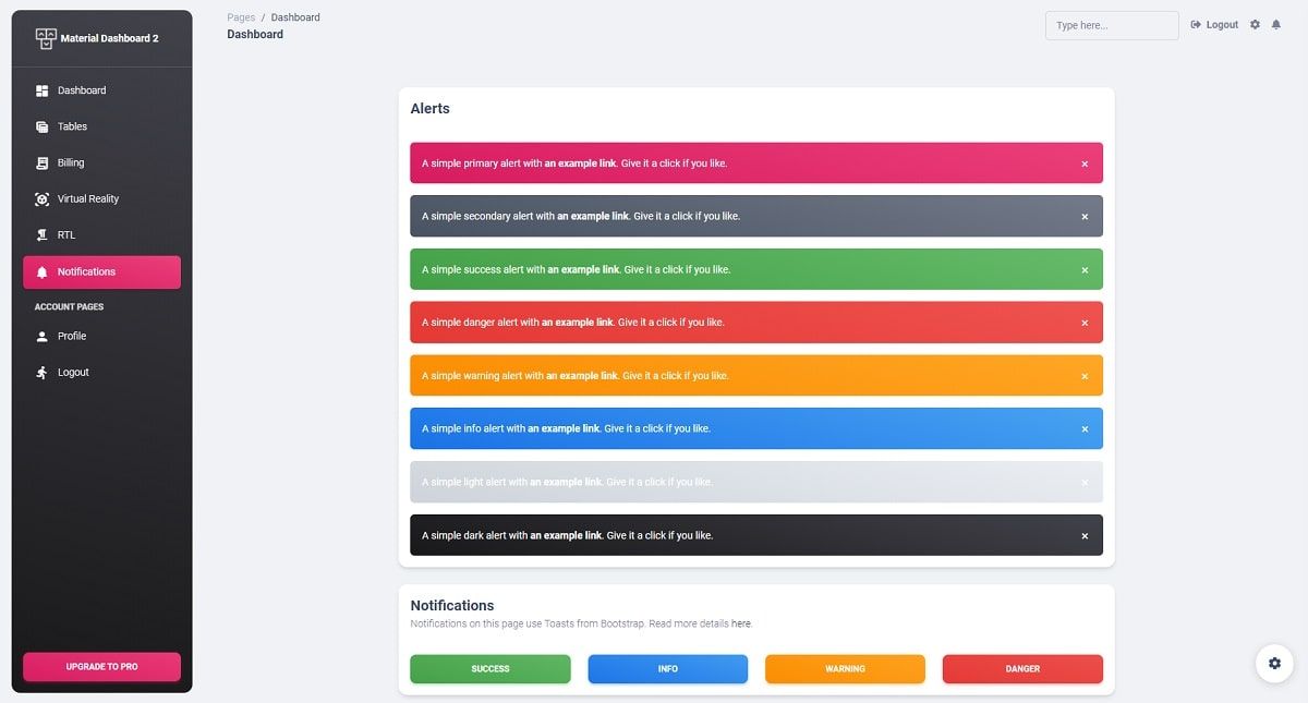 Django Material Dashboard (Open-Source) - Alerts Page