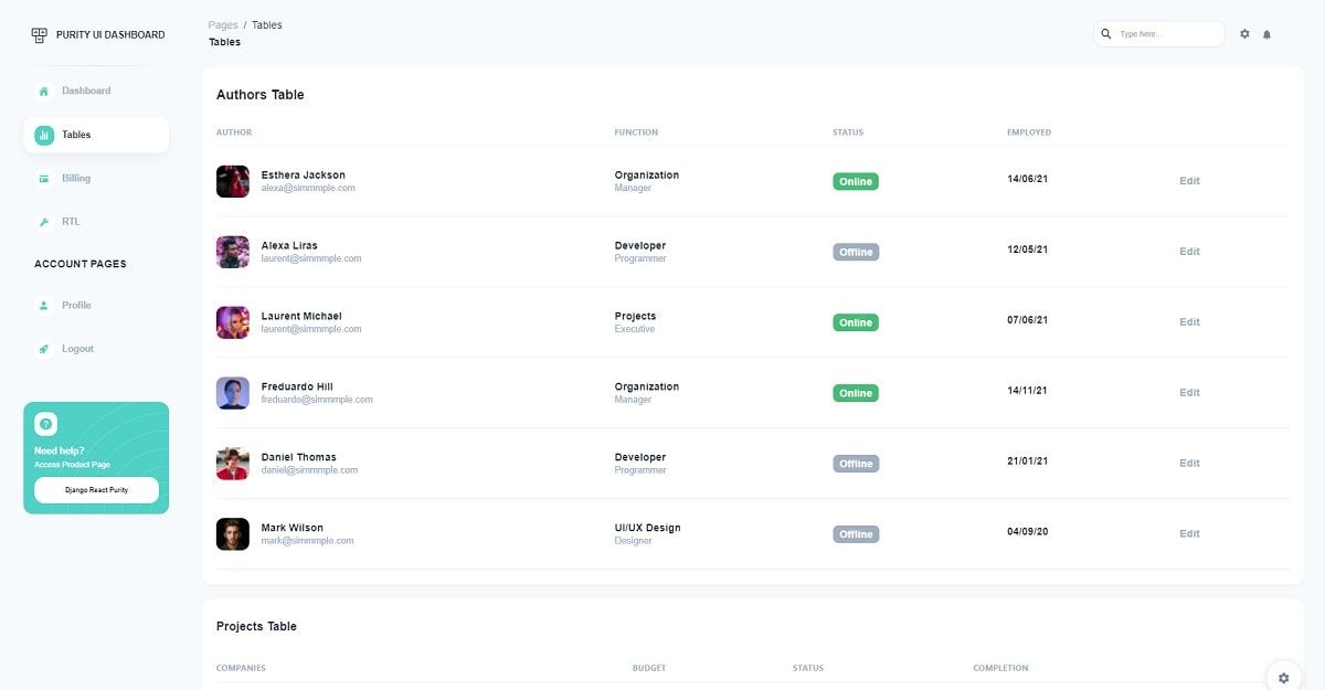 Django React Purity (open-source) - Tables Page.