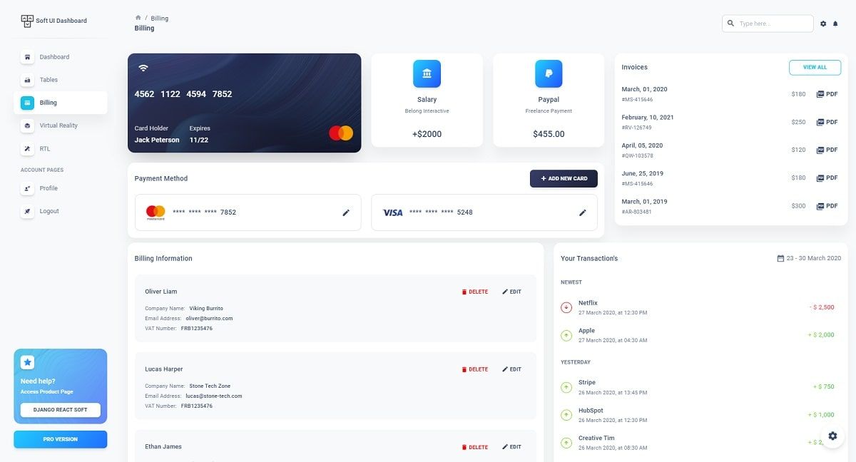 Django React Soft Dashboard (Open-Source) - Billing Page