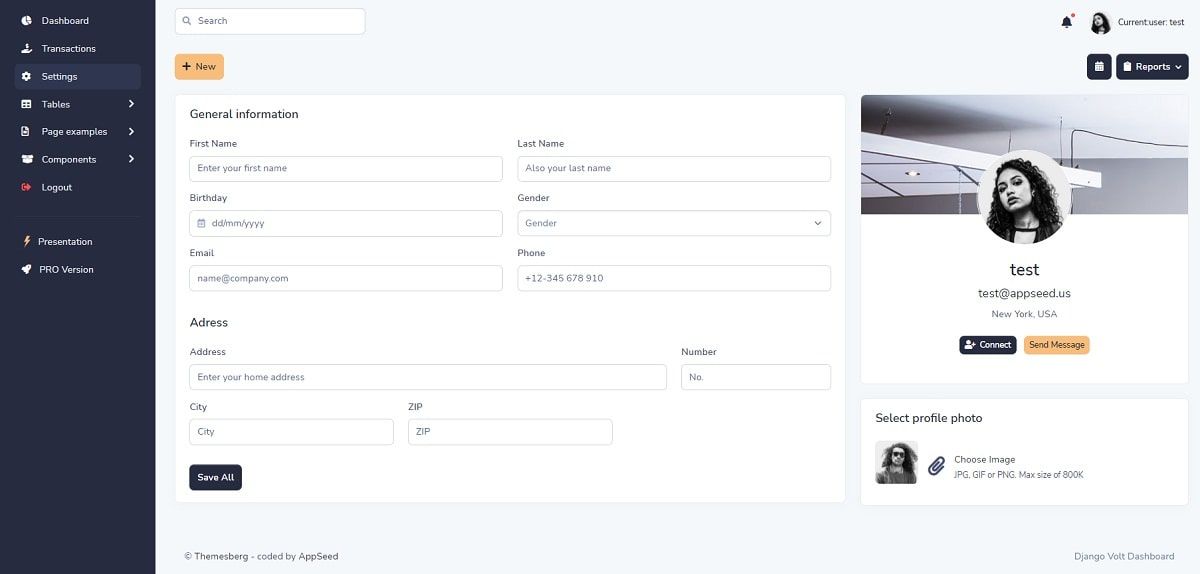 Django Bootstrap5 Volt - Profile Page.