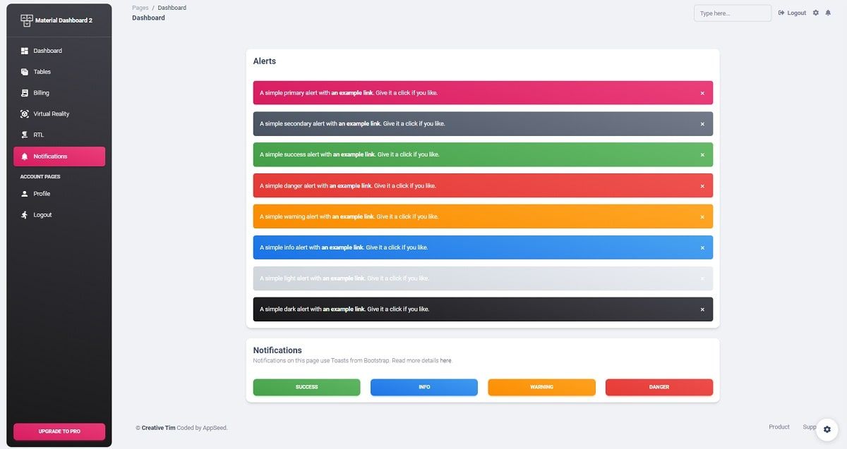 Django Material Dashboard (Open-Source Template) - Alerts Page