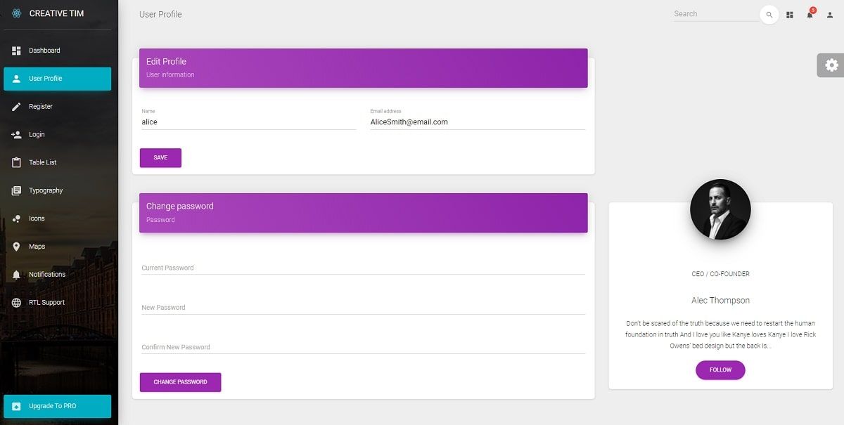 Material Dashboard React ASP.NET (Open-Source) - User Profile