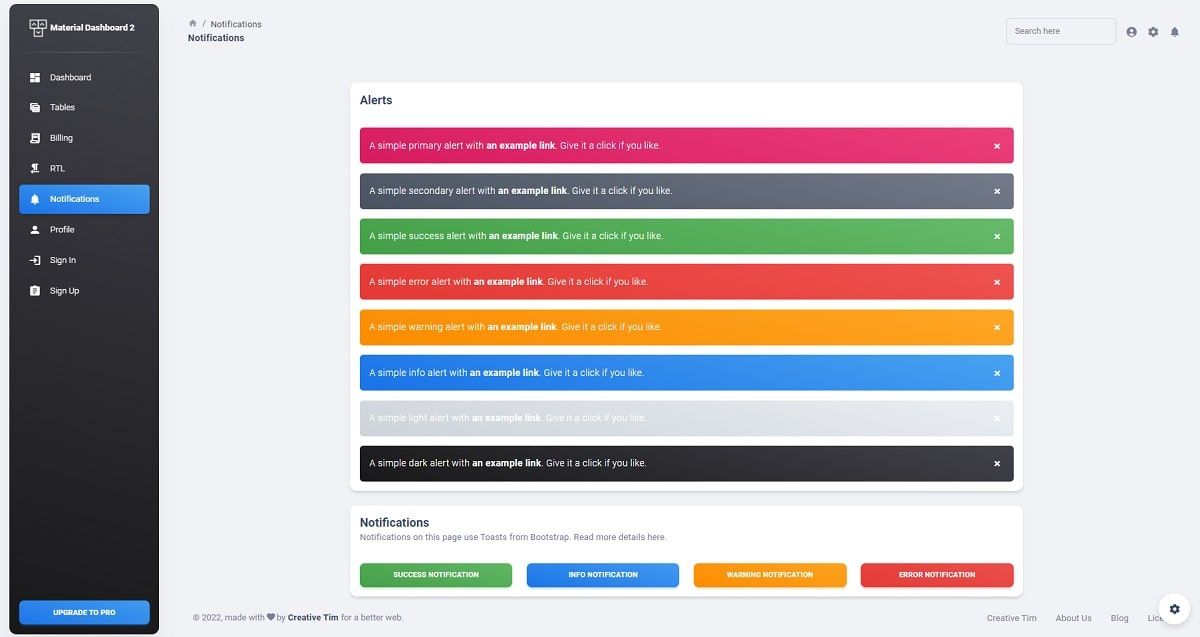 Material Dashboard React (Open-Source) - UI Alerts Page.