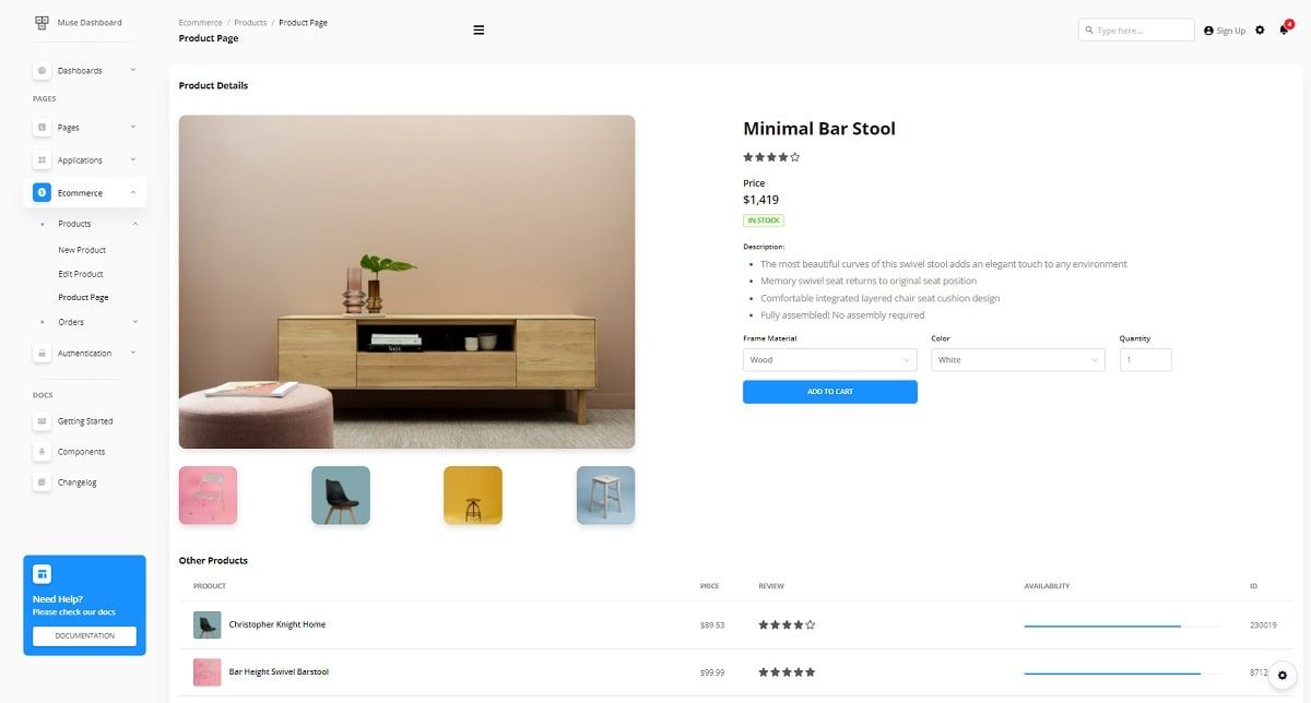 Muse Vue Ant Design Dashboard PRO - eCommerce Page
