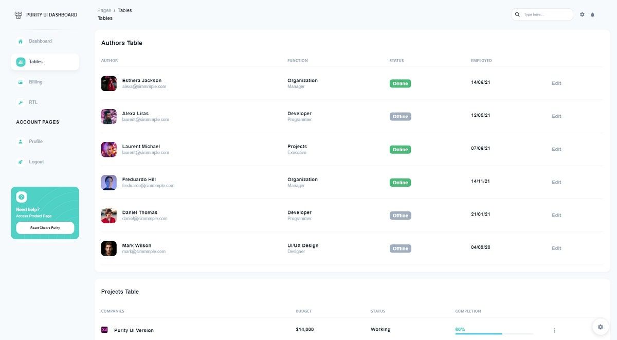 Purity UI Dashboard React (Open-Source) - UI Tables Page