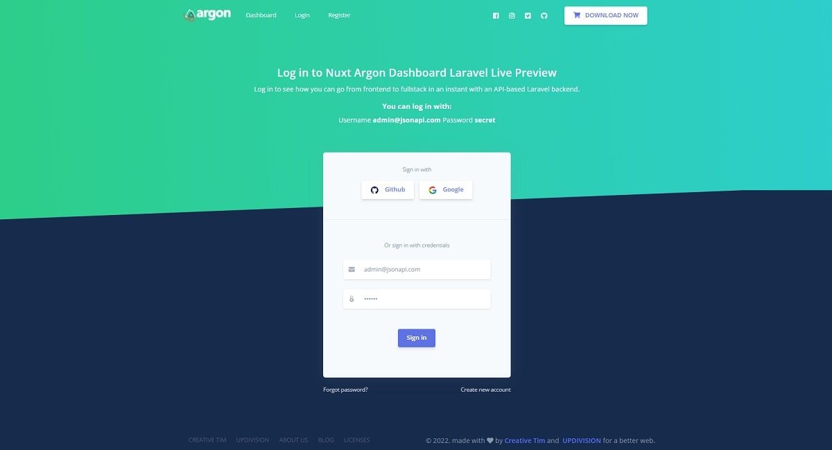 Nuxt Laravel Argon (Open-Source) - Login Page