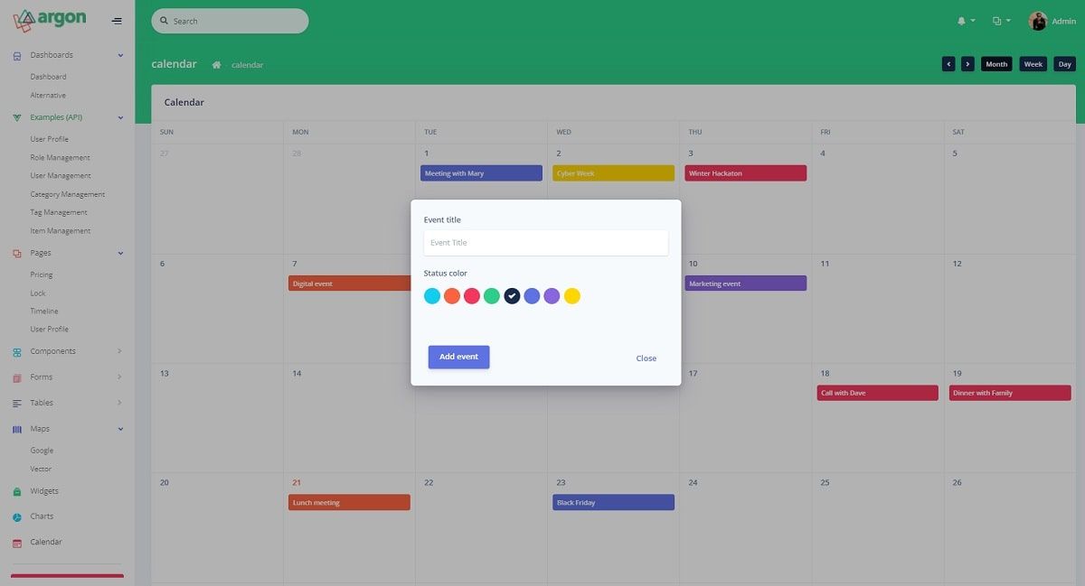 Nuxt Argon Dashboard Laravel (Premium Starter) - Calendar Page