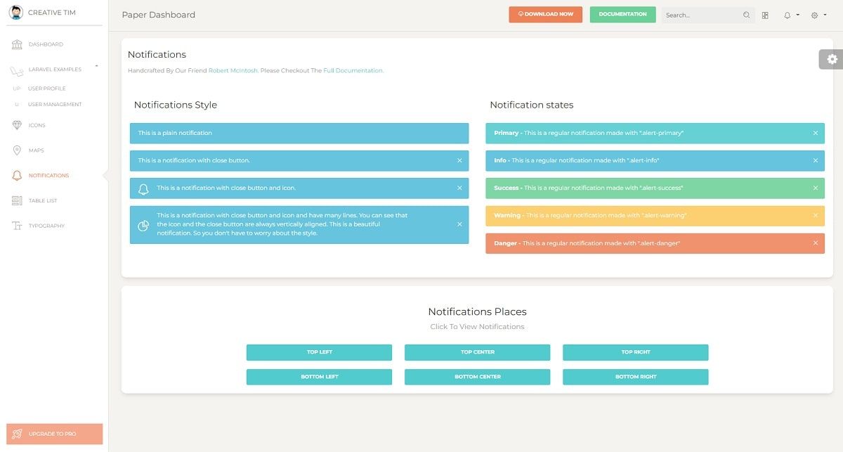 Paper Dashboard Laravel (Open-Source) - UI Alerts Page