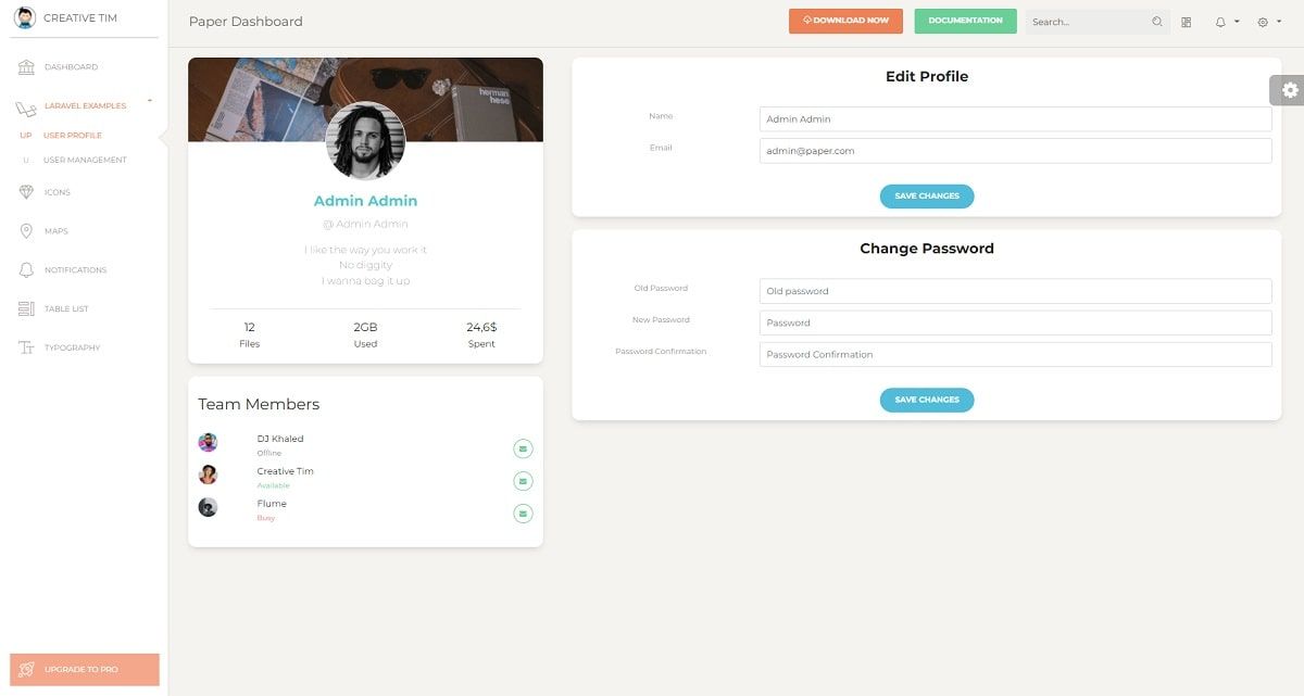 Paper Dashboard Laravel (Open-Source) - User Profile