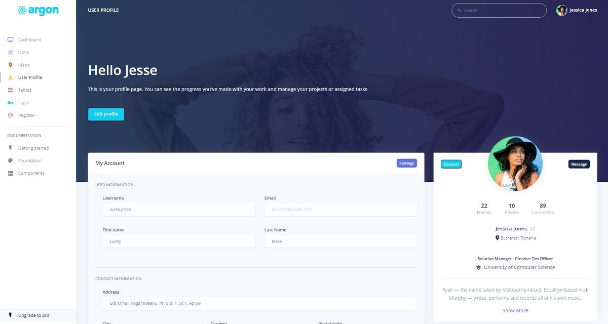 React Argon Material-UI (Free Template) - User Profile Page