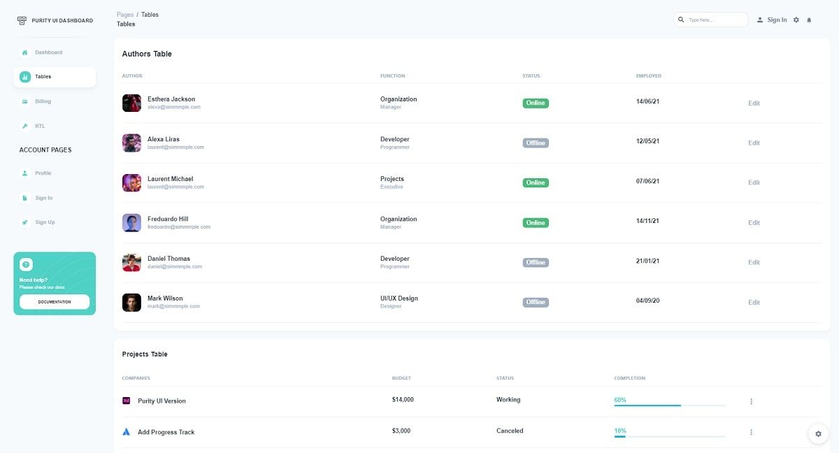 Purity UI Dashboard (Open-Source React Template) - UI Tables Page.