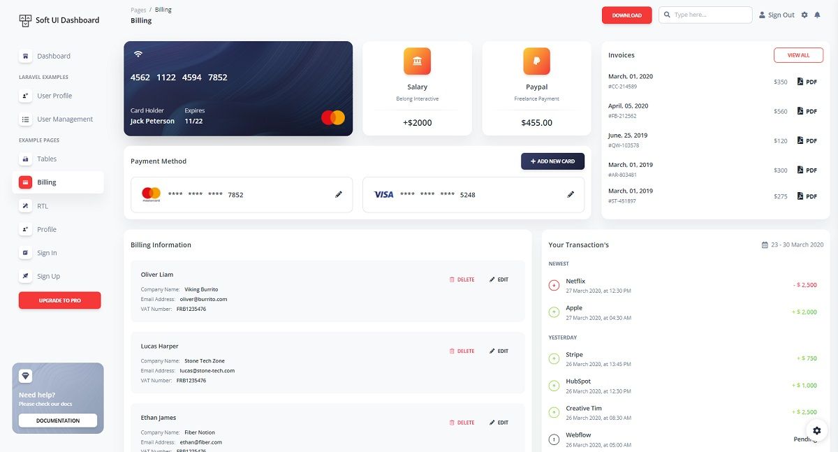 Soft UI Dashboard Laravel (open-source) - Billing Page.